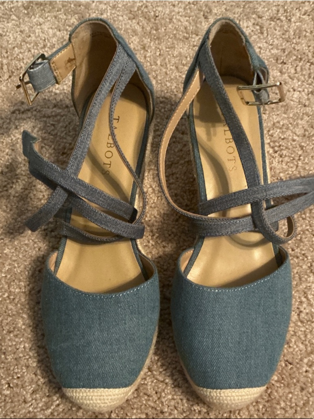 Talbots Denim Blue Espadrille Wedge Sandals with Ankle Straps